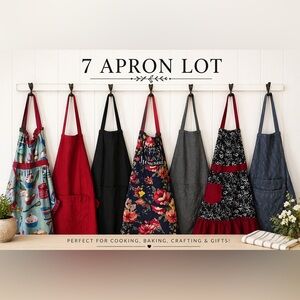 7 Apron Lot – Cooking & Painting Aprons – Cute Patterns + Solid Basics